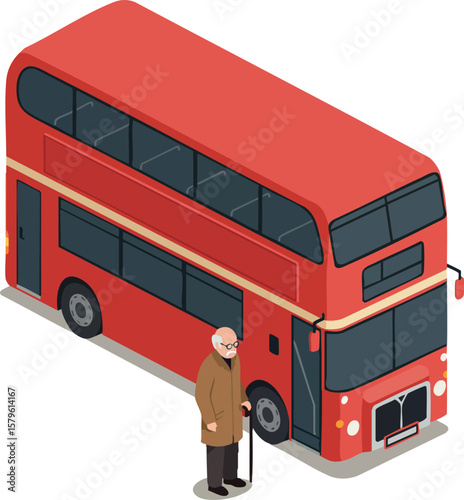 Double Decker Bus with Elderly Man Standing Nearby in Isometric Style Vector Illustration