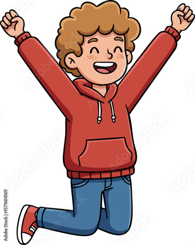 Happy boy jumping with raised arms wearing red hoodie and blue jeans smiling cheerful joyful child vector illustration
