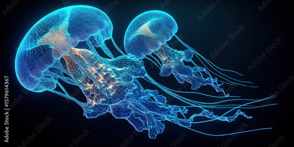 Obraz premium Detailed digital illustration of bioluminescent jellyfish swimming in the deep ocean highlighting transparent bodies and flowing tentacles