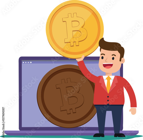 Businessman holding golden bitcoin coin in front of laptop showing digital cryptocurrency concept vector illustration