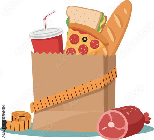 Grocery bag with sandwich pizza baguette soda and salami with measuring tape for diet and healthy eating concept vector