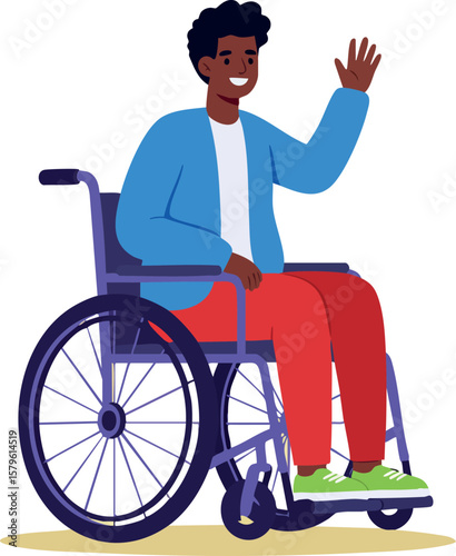 Young man in wheelchair waving hand smiling in casual clothes vector illustration friendly and inclusive disability concept
