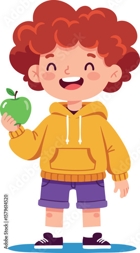 Red-haired boy holding green apple smiling wearing yellow hoodie and purple shorts vector illustration