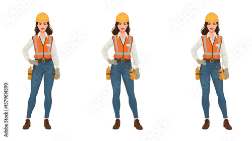 A confident female construction worker stands in full safety gear including a hard hat, reflective vest, and tool belt, symbolizing strength and professionalism in engineering and industrial fields.