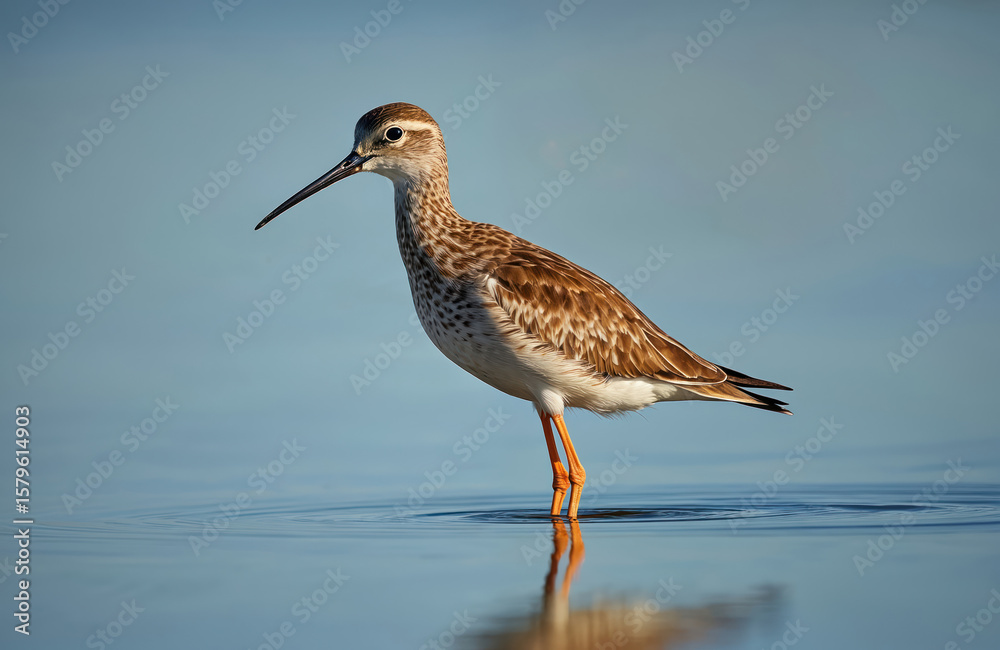 Obraz premium Common redshank wader bird standing in calm water. Wild animal fauna exhibits distinctive plumage. Photographed in natural habitat, shallow blue water reflection. Scandinavia, Europe nature scene.