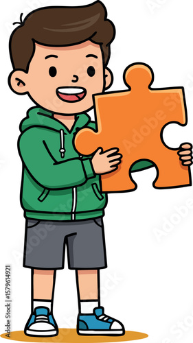 Boy holding large orange puzzle piece standing happy and smiling wearing green hoodie and blue sneakers vector illustration