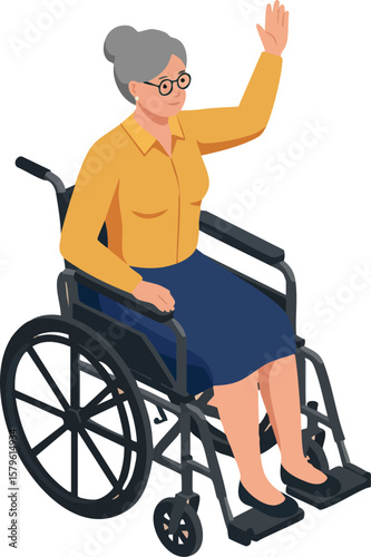 Elderly woman sitting in wheelchair waving hand wearing glasses and casual clothes vector illustration