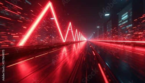 Futuristic abstract illustration featuring glowing red neon arrows forming jagged line on dark, motion-blurred background. Digital art evokes speed, technology, sense of forward momentum, with city