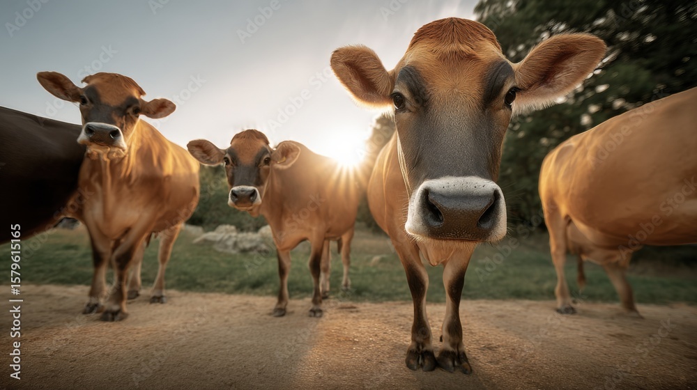 Fototapeta premium Herd of Brown Cows Standing on Dirt Ground in Open Field Du Sunset with Sky and Trees in Background