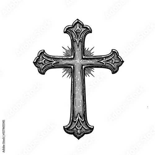 Engraving of a Christian Cross - hand drawn vintage ink sketch doodle black and white vector illustration