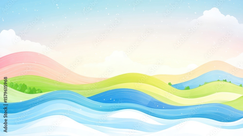 Obraz premium Abstract colorful landscape illustration with wavy hills and pastel sky. Colorful hills and wavy shapes create a peaceful nature background. Scenic digital environment, pastel tones, ideal for