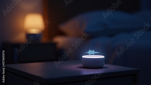 Smart speaker on a nightstand next to a bed with a lamp in the background in a dark room setting