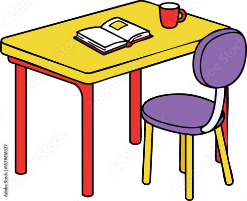 Yellow table with open book and red coffee cup beside purple chair vector illustration for home office or study room design