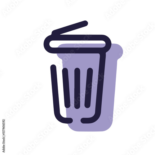 Simple vector outline of a trash can in purple color with clean lines and a modern aesthetic on a white background, representing recycling and waste management concept of environmental services
