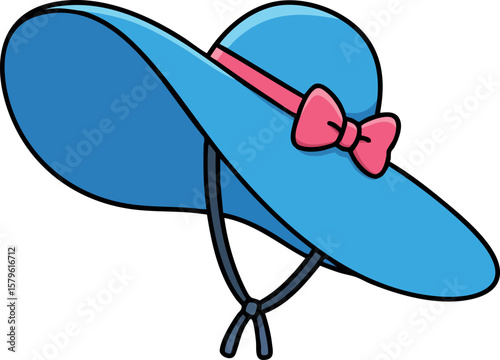 Blue wide brim hat with red bow and chin strap vector illustration for fashion or summer accessory design