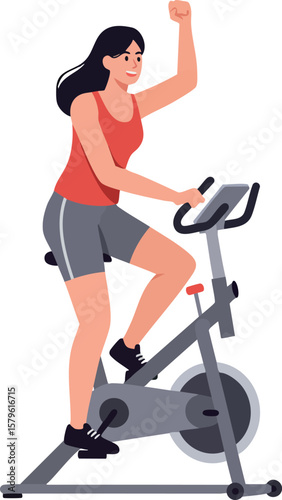 Woman exercising on stationary bike indoor fitness workout healthy lifestyle training vector illustration