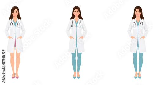 Vector illustration of a confident female doctor in a lab coat with a stethoscope, standing and smiling, representing a modern healthcare professional.
