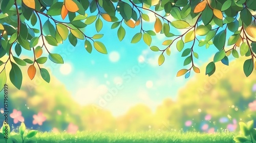 Bright nature leaves illustration peaceful landscape background. Sunlight and foliage in outdoors environment. Greenery and grass create a tranquil, scenic, serene atmosphere, ideal for garden,