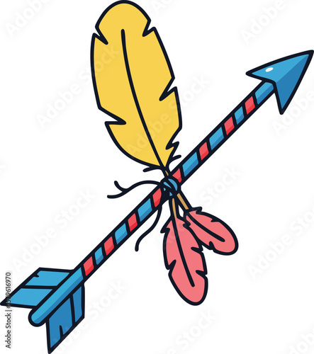 Arrow with yellow and pink feathers hand drawn style vector illustration for creative design and decoration purposes