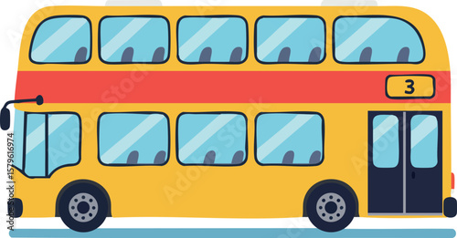Double decker bus cartoon style yellow vehicle with red stripe and number three side view vector illustration