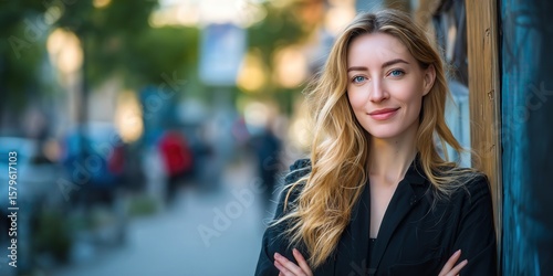 Confident Young Woman Smiling in Urban Setting with Natural Light