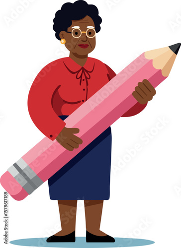 Woman holding giant pink pencil creative concept vector illustration with professional attire and glasses