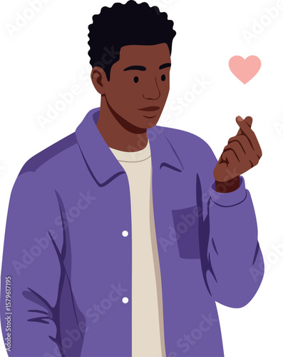 Young man making finger heart gesture purple jacket casual style modern vector illustration