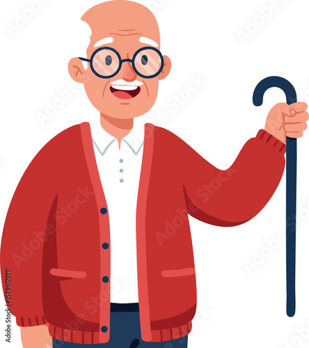 Elderly man smiling holding walking cane wearing red cardigan and glasses vector illustration
