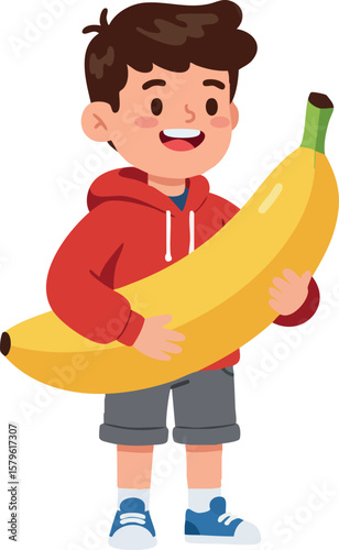 Boy holding giant banana smiling happily in casual clothes cute cartoon character vector illustration