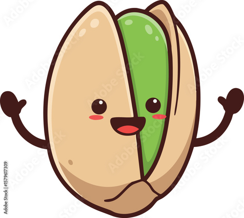 Cute happy pistachio nut cartoon character smiling with open shell vector illustration for food design and healthy snack concept