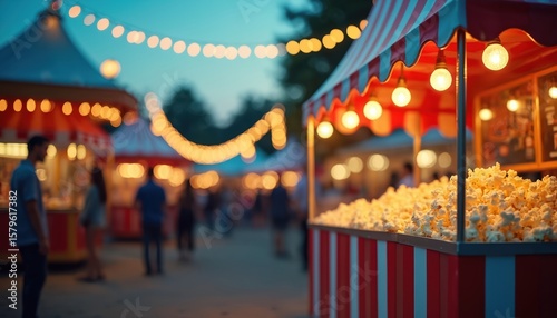 Nostalgic popcorn stand bursts with vibrant colors, lights in busy evening outdoor setting. Piles of fluffy popcorn await enjoyment at vintage cinema concession stall, creating festive atmosphere.