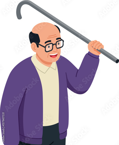 Elderly man holding cane over shoulder wearing glasses and purple jacket vector design illustration