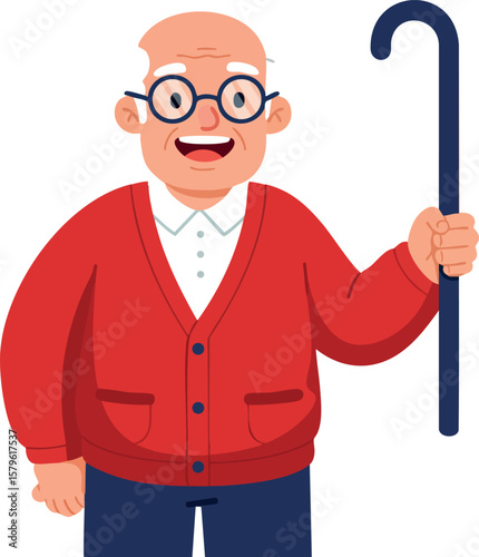 Elderly man with glasses and red cardigan holding walking cane happy and smiling vector illustration