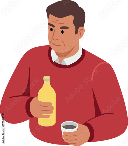 Middle aged man holding yellow bottle and cup wearing red sweater vector illustration
