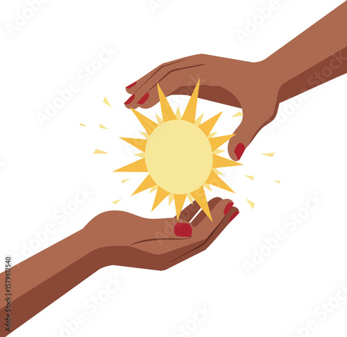 Hands holding bright shining sun symbol with warm light illustration for energy and hope concept
