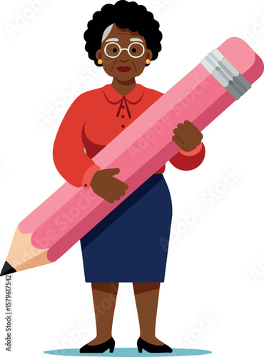 African American woman holding giant pink pencil standing confident office professional vector illustration