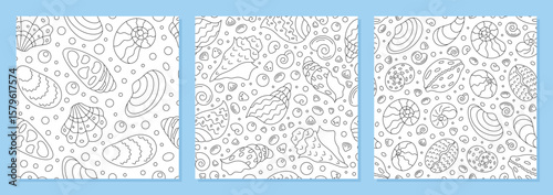 Seamless underwater seashell pattern set with outline style. Marine shell and aquatic doodle design create ocean backgrounds. Perfect for sea decorative concepts.