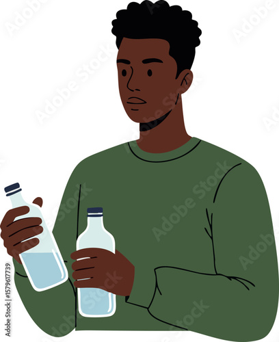Young man holding two glass bottles with thoughtful expression in casual green sweater vector illustration