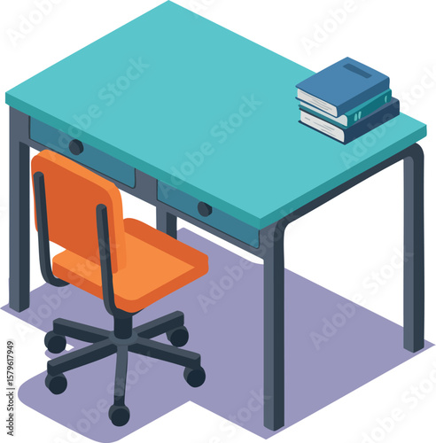 Office workspace with teal desk orange swivel chair and stacked books in isometric style vector illustration
