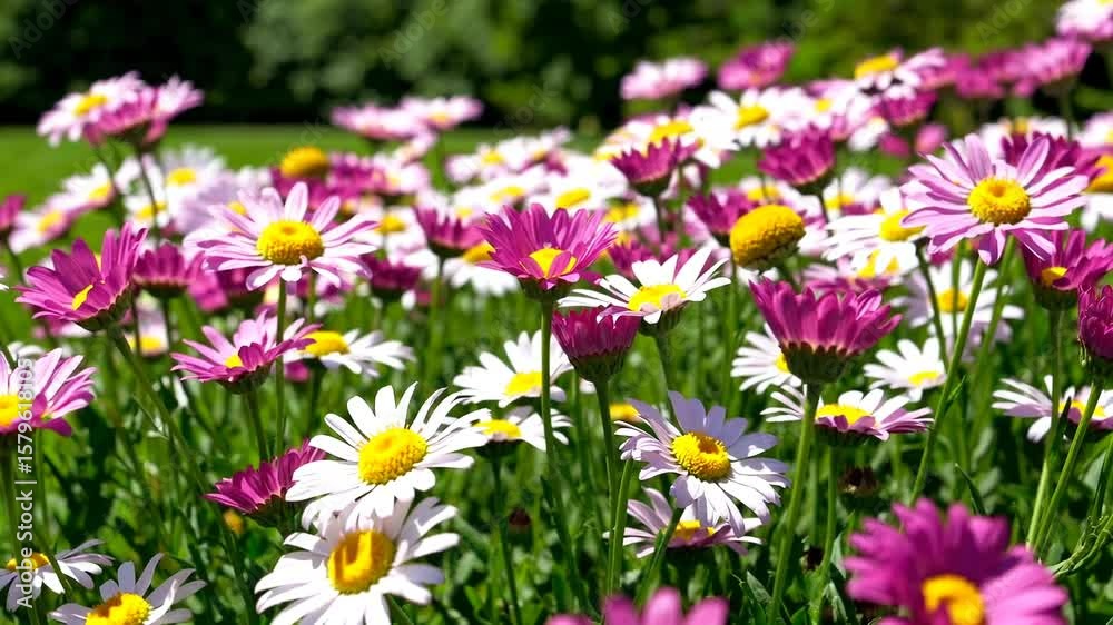 Colorful daisies bloom in vibrant garden during sunny spring day Colorful daisies bloom in vibrant garden during sunny spring day