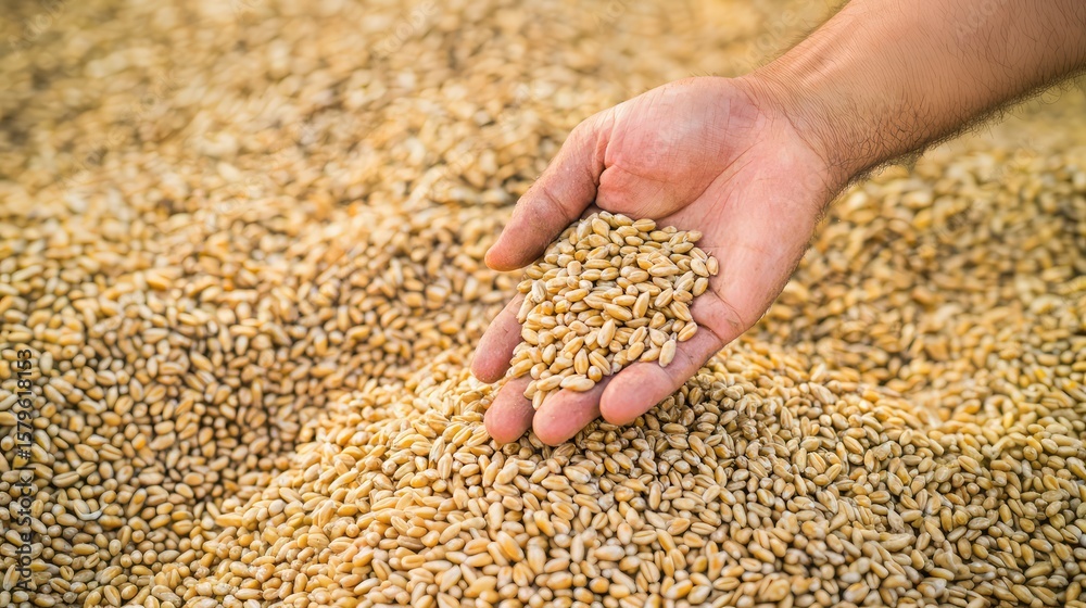 A close-up of a hand holding grains of wheat above a large pile of wheat. The scene emphasizes agriculture and food production. A close-up of a hand holding grains of wheat above a large pile of wheat. The scene emphasizes agriculture and food production.
