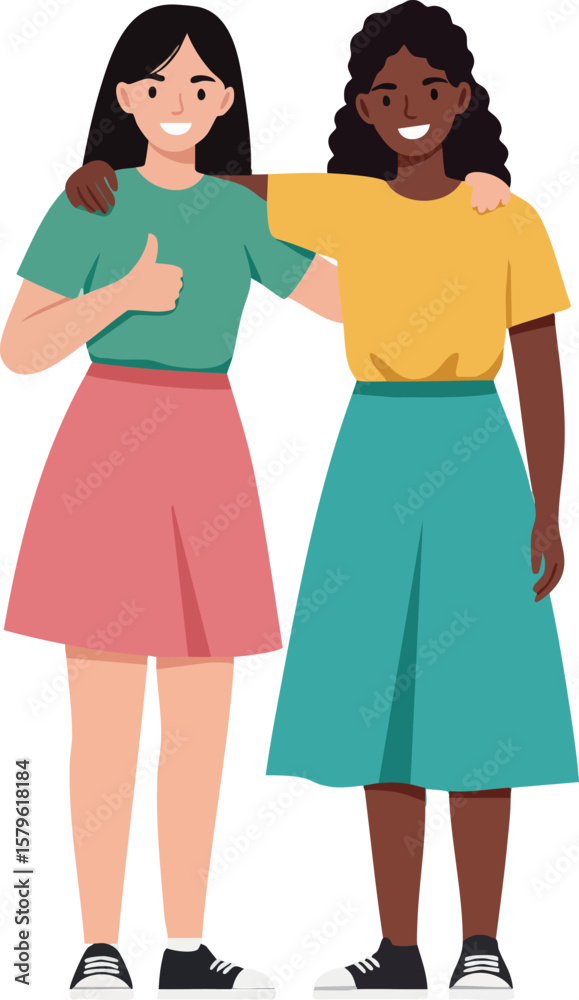 Obraz premium Two diverse young women friends standing together showing thumbs up and smiling in casual clothes vector illustration