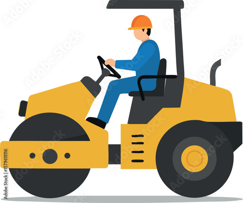 Construction worker operating yellow road roller heavy machinery vector illustration in safety helmet and uniform