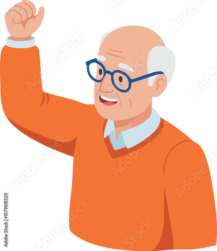 Elderly man with glasses wearing orange sweater raising fist in cheerful gesture vector illustration