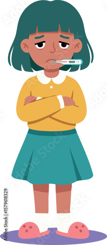 Sick girl with thermometer in mouth wearing yellow sweater and teal skirt standing with arms crossed vector illustration