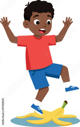 Boy slipping on banana peel vector illustration showing surprise and loss of balance in playful scene