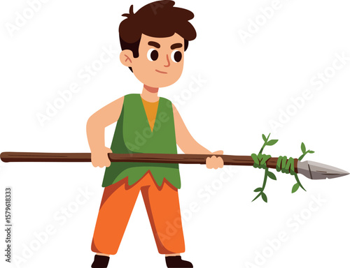 Young boy holding wooden spear with stone tip and vines cartoon vector illustration