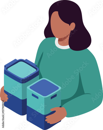 Woman holding two containers in green sweater with dark hair vector illustration design for lifestyle and everyday objects