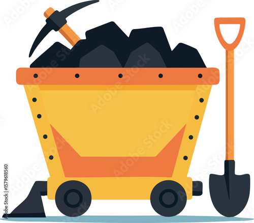 Mining cart filled with coal alongside shovel and pickaxe for industrial excavation and extraction equipment vector illustration
