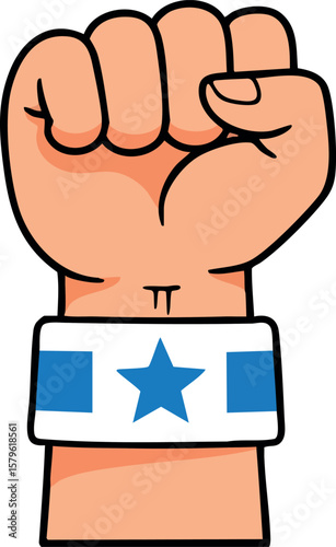 Raised clenched fist with wristband featuring a blue star symbolizing strength and unity vector illustration